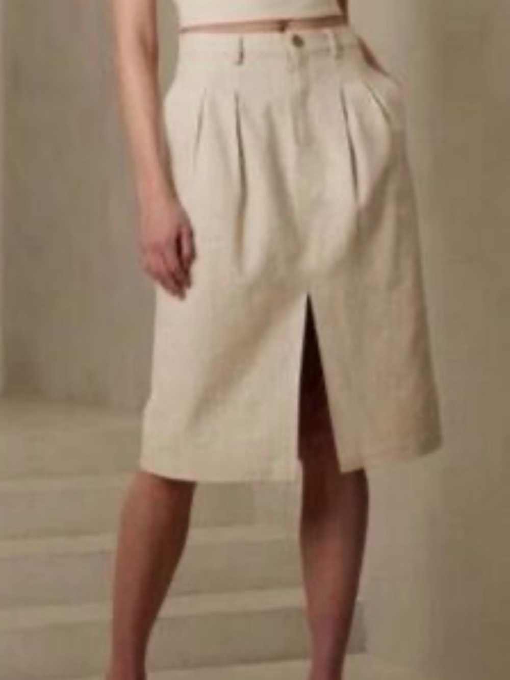 BANANA REPUBLIC  Neutral Linen-Blend Midi Skirt with Front Slit